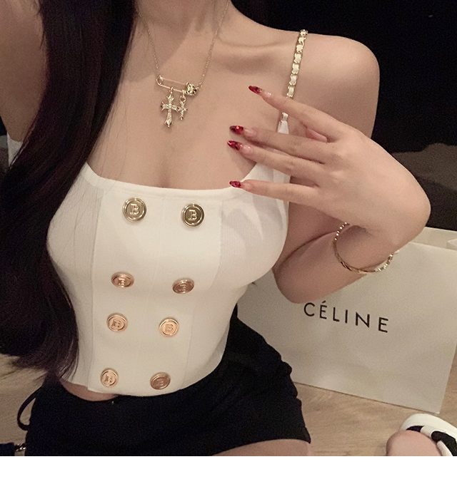 2024 New Style Small Fragrance Style Double-breasted Chain Camisole Feminine Slim Fit Bottoming Sweater Top