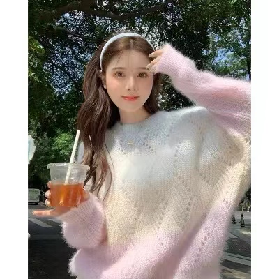 韓版慵懶風外穿鏤空長袖毛衣女秋季新款甜美設計感小眾套頭針織衫