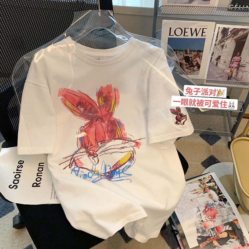 220克抖音爆款落肩寬鬆版型精梳純棉後包邊短袖T恤印花款