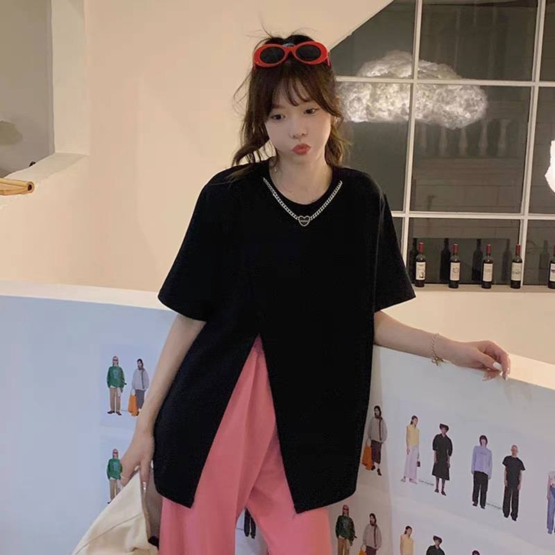 夏女裝2024新款開叉短袖t恤女寬鬆韓版胖mm設計感上衣