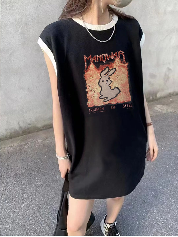 無袖t恤女夏季中長款美式寬鬆撞色坎肩背心兔子印花獨特别致上衣