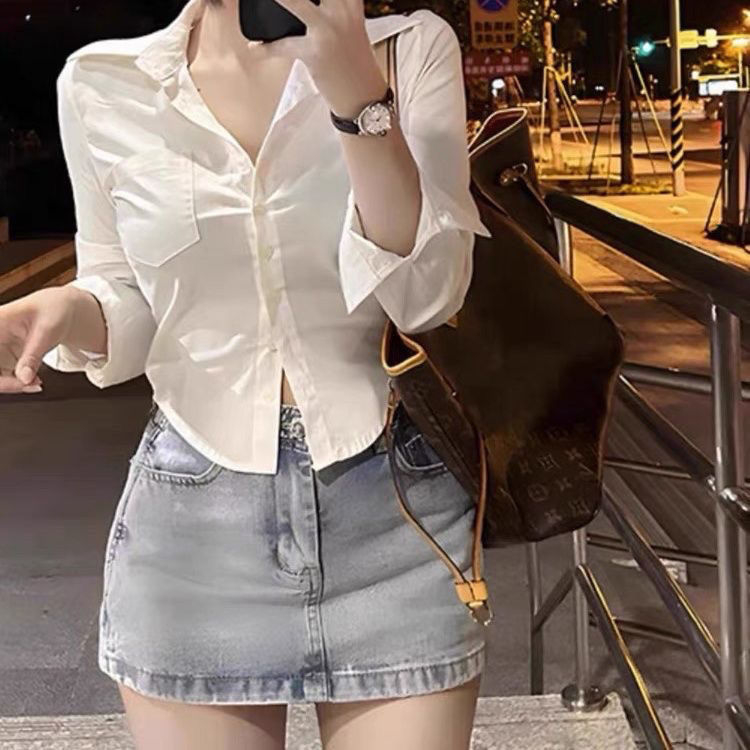 新款辣妹收腰長袖襯衫純欲學院風百搭襯衣內搭修身純色上衣女