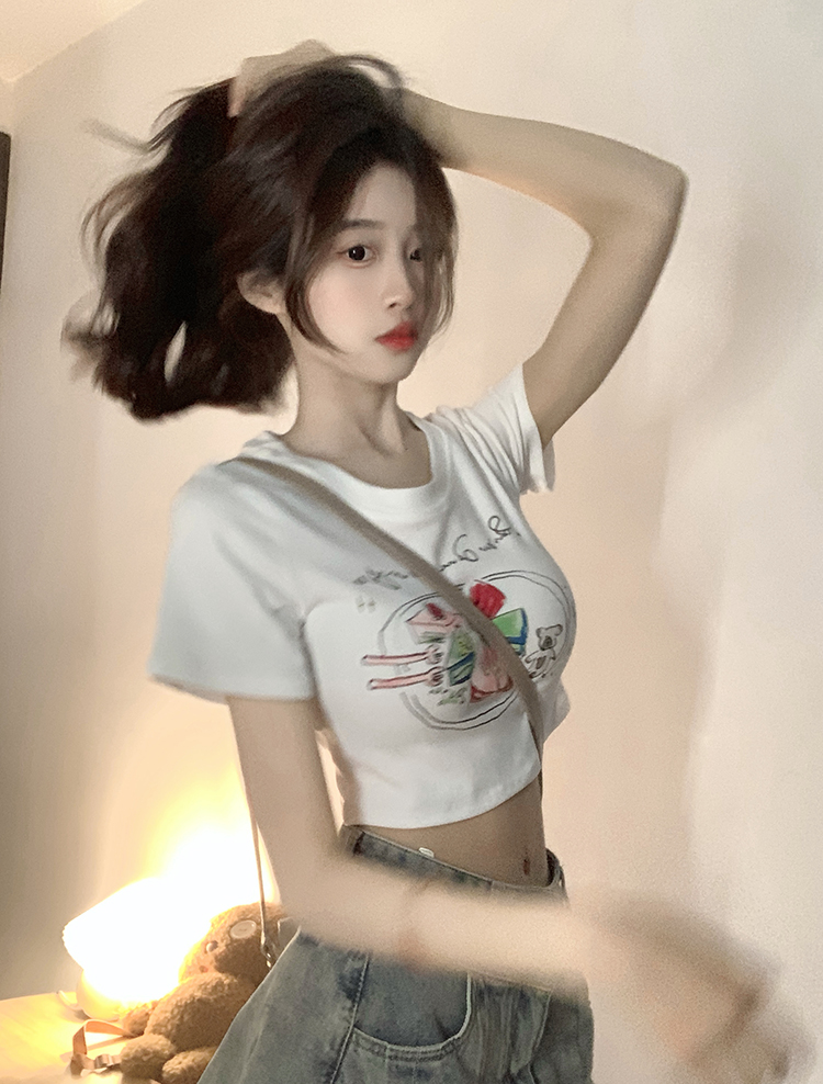 原創~實拍~辣妹露肚臍短款印花顯瘦修身短袖T恤女夏