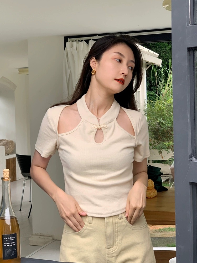 2024夏裝新款純棉短袖T恤女辣妹性感露肩短款上衣新中式修身體恤
