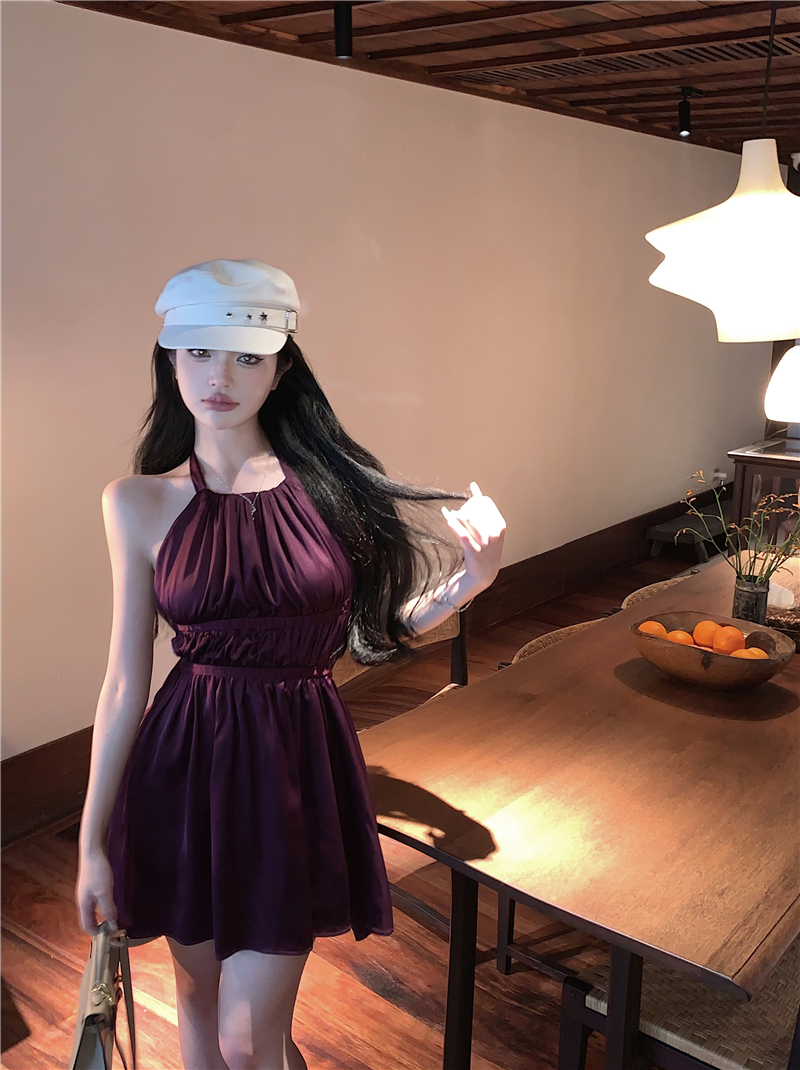 實拍 妹妹說紫色很有韻味掛脖露背緞面收腰連衣裙上衣