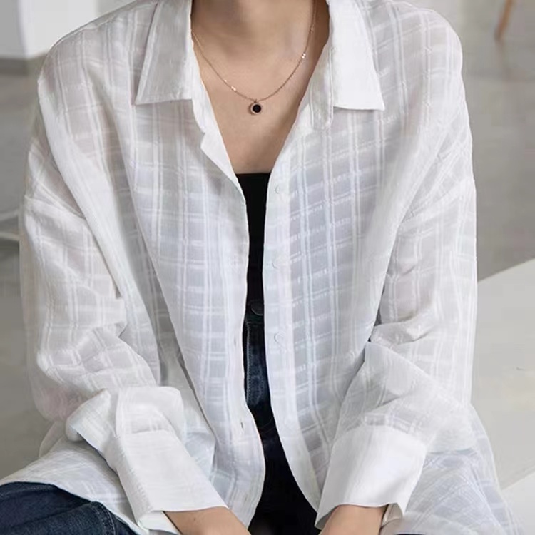 白色格子防曬襯衣女長袖2024夏季新款超仙百搭薄款開衫防曬服外套