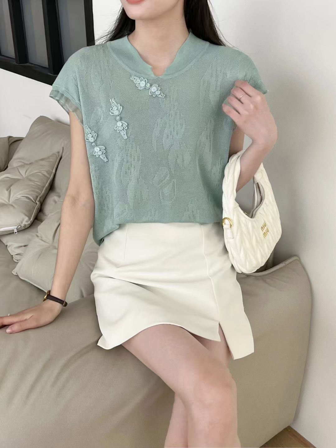 新中式提花盤扣立領薄款針織衫女2024年夏季新款氣質百搭短款上衣