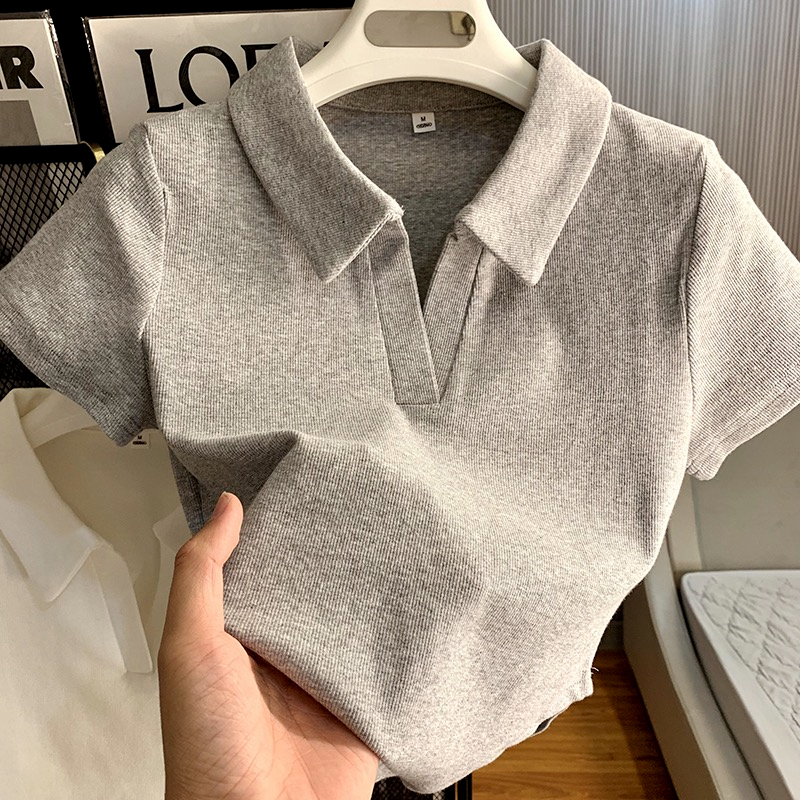 250克螺紋1*1辣妹正肩短袖T恤短款polo領女夏季修身顯瘦ins上衣