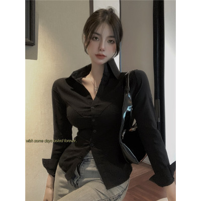 純欲長袖襯衫女裝春季法式辣妹緊身收腰顯瘦襯衣修身制服上衣
