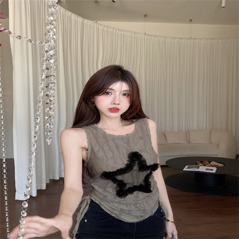 美式辣妹星星坎肩無袖背心夏女外穿設計感小眾抽繩甜辣小上衣T恤