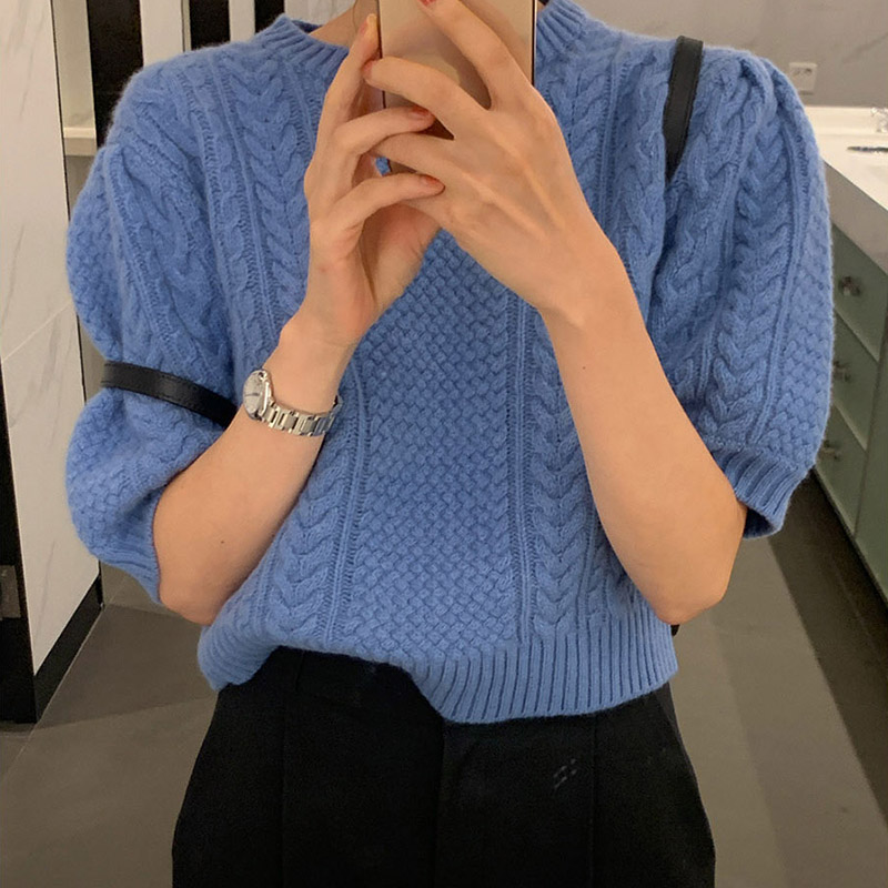 Korean chic spring French style round neck hemp pattern design loose casual solid color puff sleeve knitted sweater
