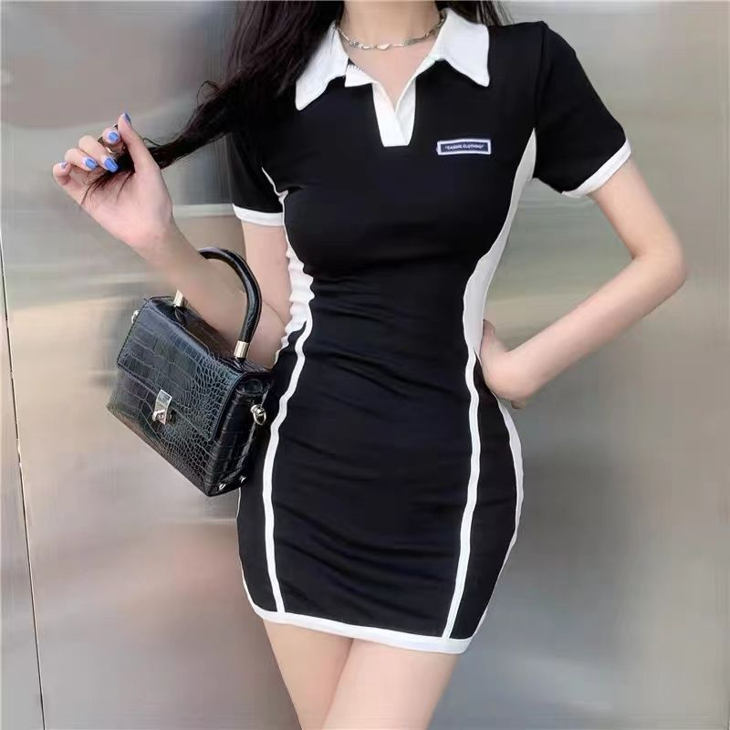 已出貨 羅紋 黑色polo領休閒連衣裙女短袖小黑裙