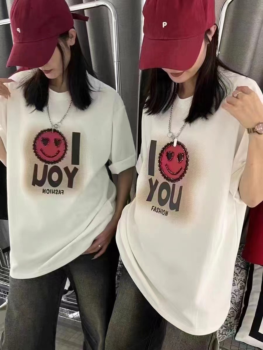 歐貨2024新款圓領重工珠鑽笑臉字母拼接短袖T恤女時尚洋氣上衣潮