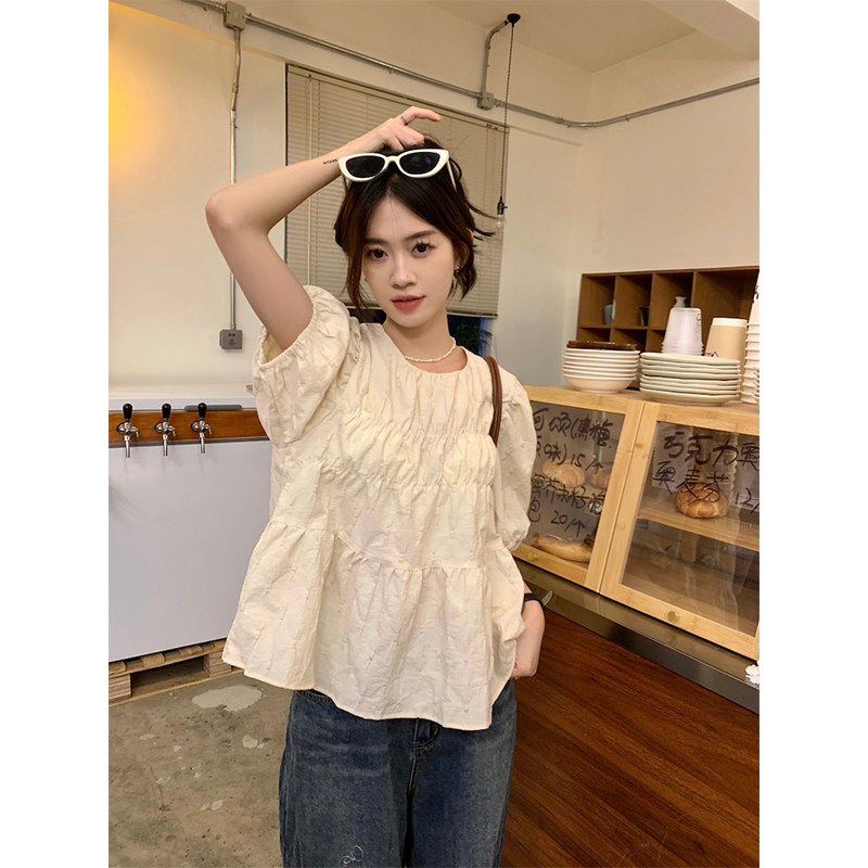 泡泡袖襯衫女夏季2024新款法式設計感小個子褶皺寬鬆短款別致小衫
