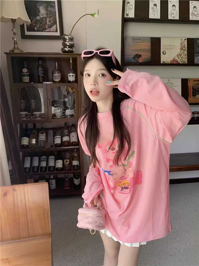 天貓質量防曬衣粉色圓領長袖印花打底衫女夏季寬鬆長款T恤上衣