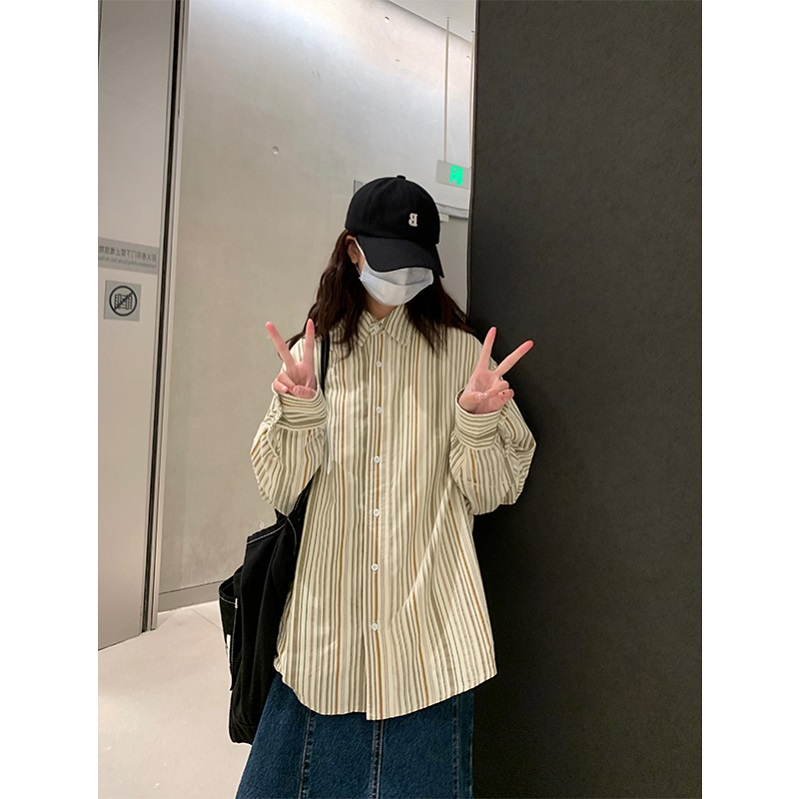 日系復古條紋襯衫春夏女新款早春寬鬆襯衣上衣