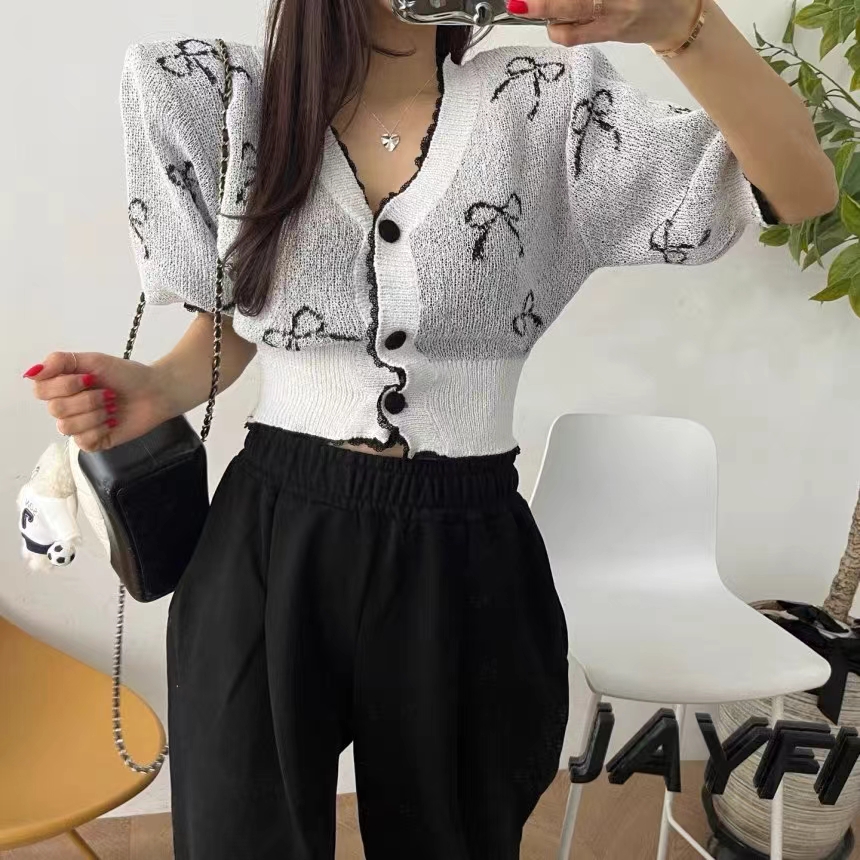 Korean Dongdaemun new product 2024 spring temperament sweet bow printed short-sleeved sweater cardigan