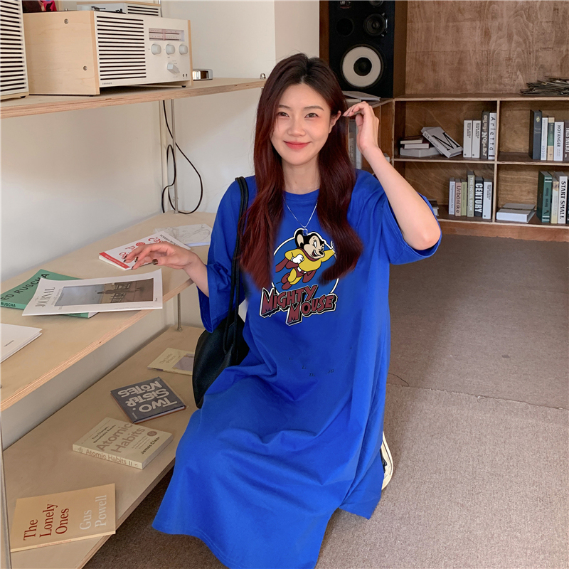 實拍6535精梳棉夏季中長款韓版寬鬆短袖連衣裙女