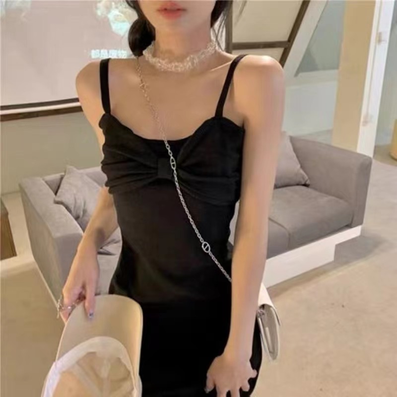 2024新款夏女裝收腰顯瘦蝴蝶結吊帶連衣裙子小眾設計感ins短裙女