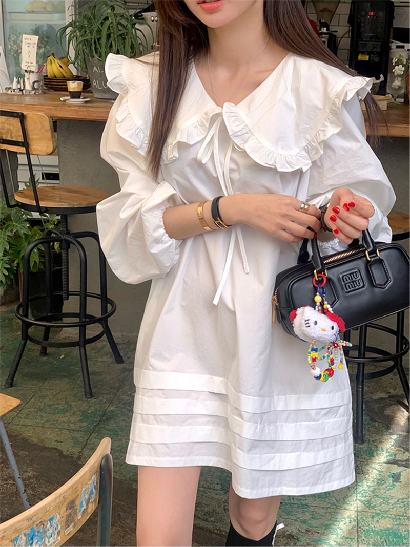 Korean internet celebrity ins spring new solid color sweet babydoll skirt ruffle collar lace up loose shirt dress for women