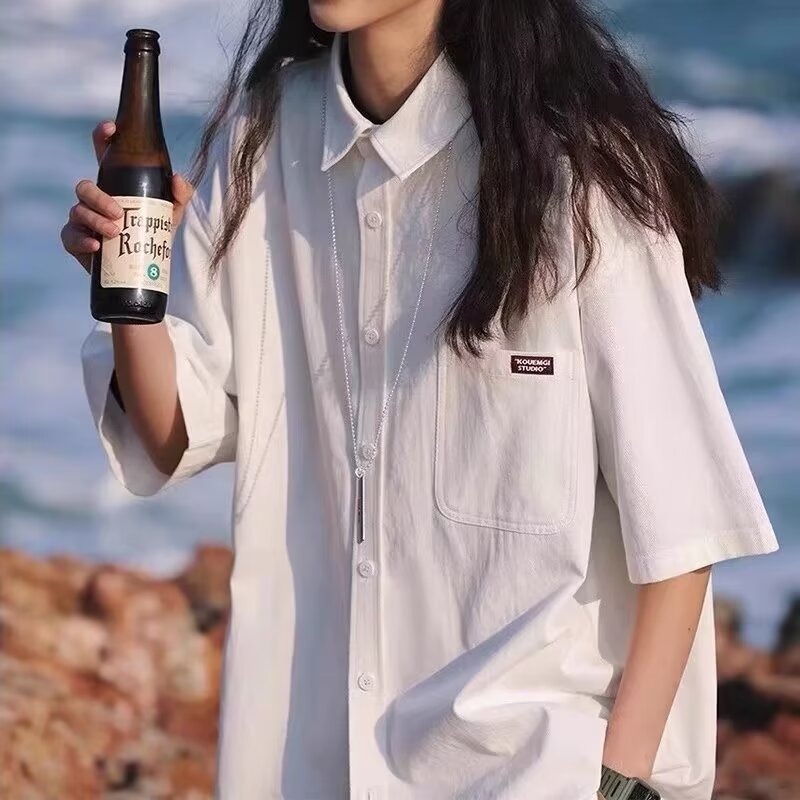 白色襯衫男女短袖夏季日系百搭純色五分袖襯衣薄款潮流寬鬆翻