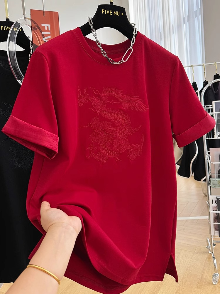 官圖~21支純棉210g 原版工藝+後包領國風重工刺繡短袖T恤女