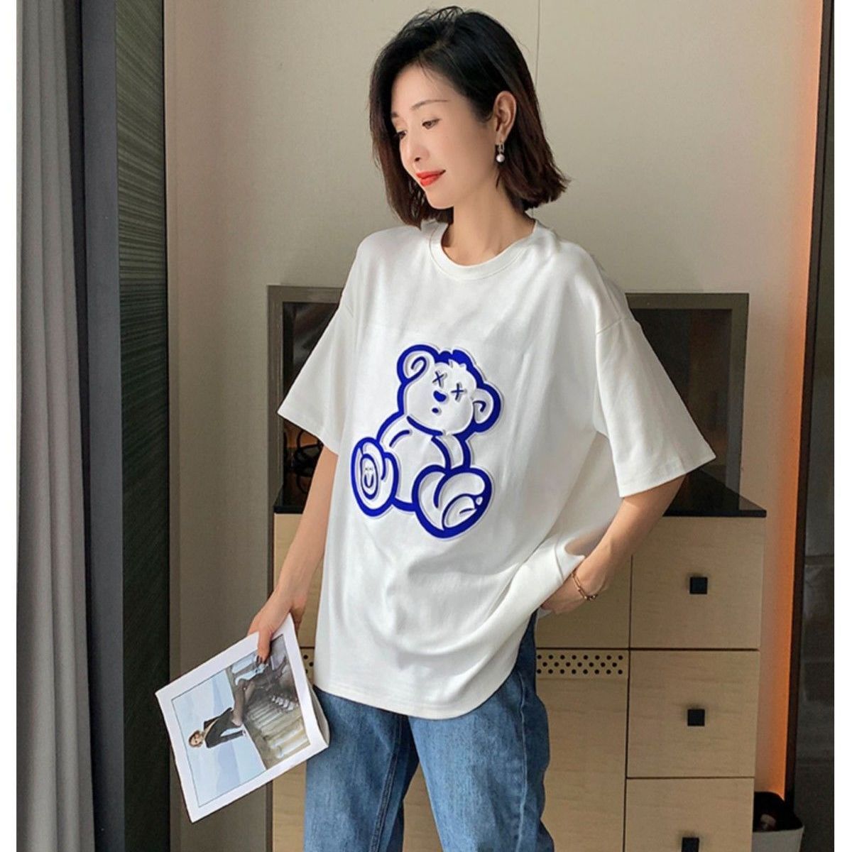立體小熊印花短袖T恤女寬鬆時尚簡約設計感上衣