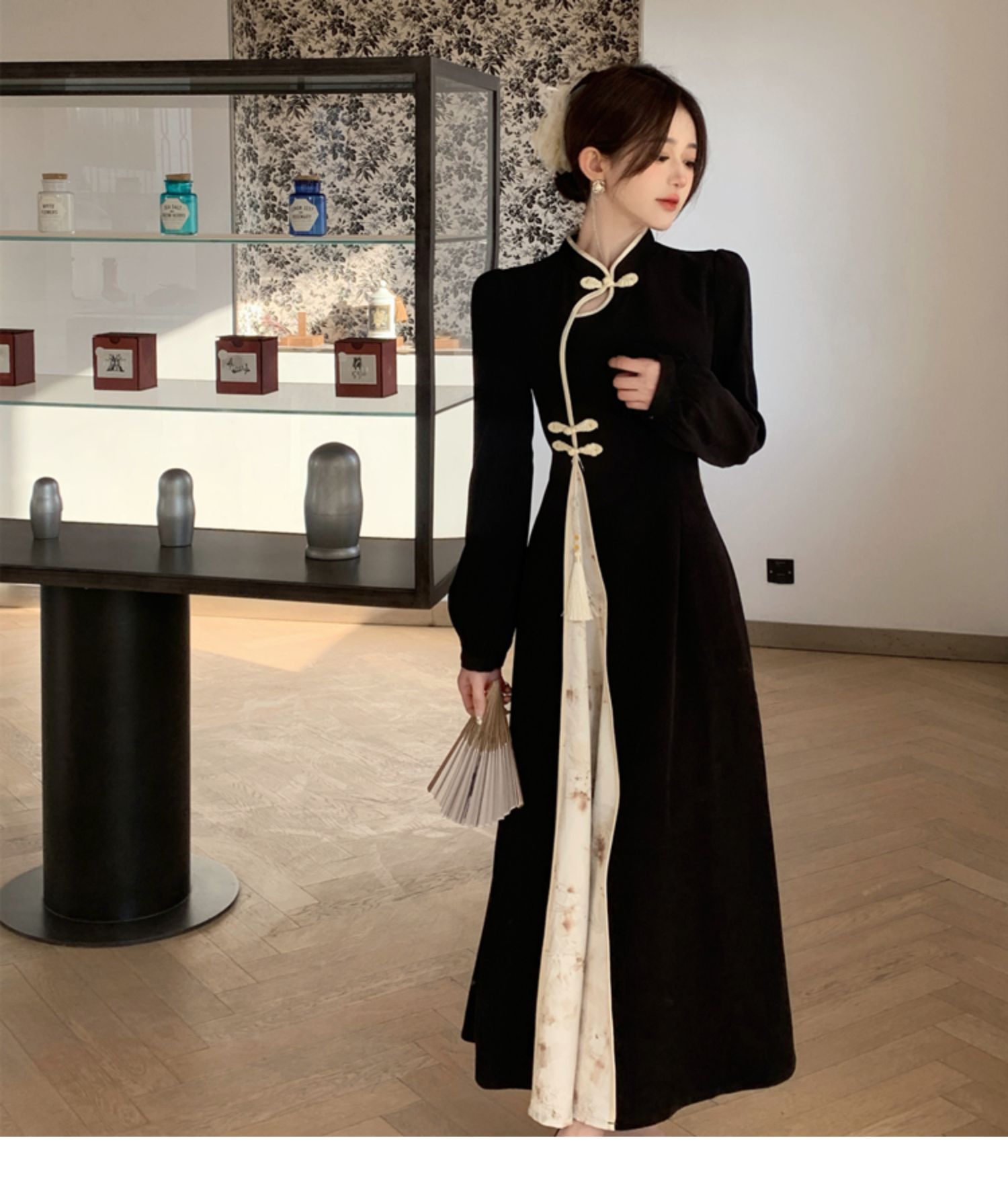 春秋新中式國風復古改良旗袍裙子女裝大碼胖mm歐美長袖高腰連衣裙