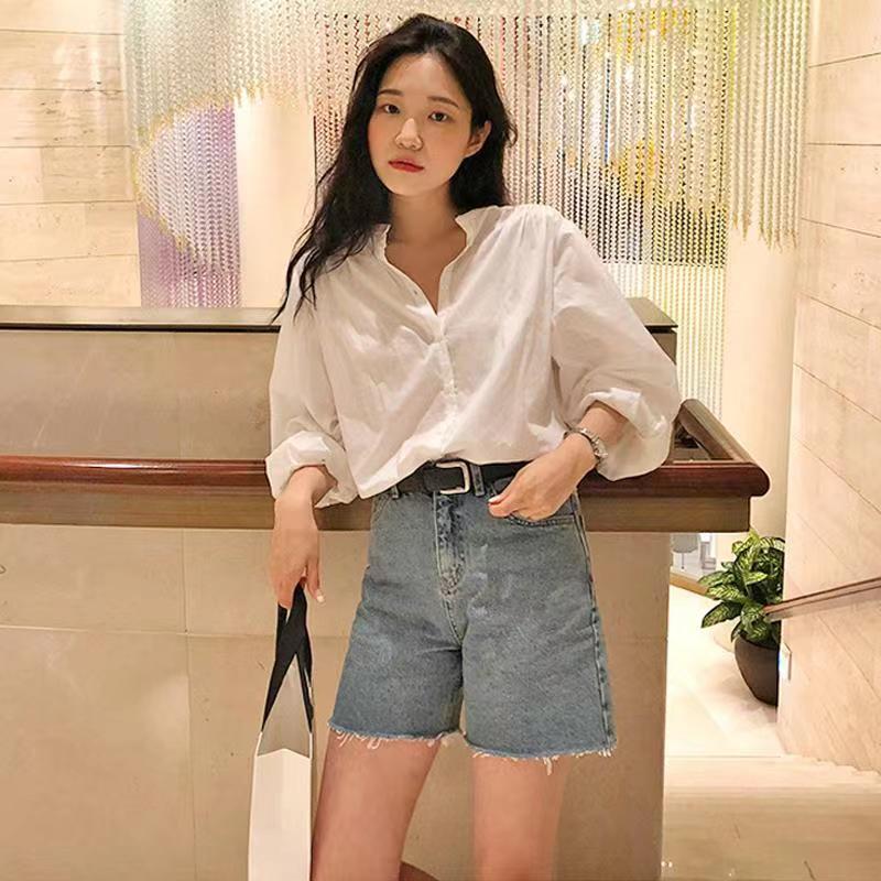 港味簡約寬鬆百搭長袖V領燈籠袖透氣防曬衫襯衫上衣女夏