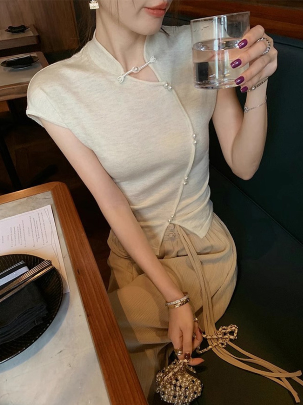 新中式國風盤扣立領針織短袖t恤女夏2024新款設計感小眾冰絲上衣