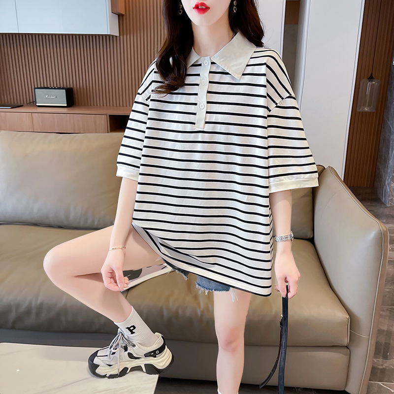 實拍 原版朱地條紋POLO領短袖T恤夏季2024新款寬鬆百搭上衣女