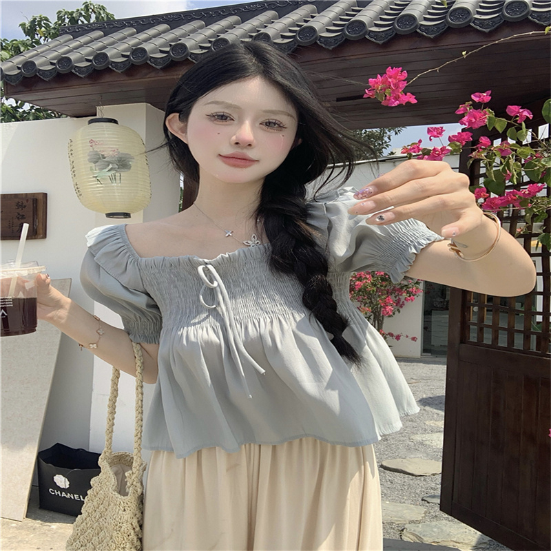 法式泡泡袖襯衫女夏季設計感小眾韓系甜美短袖襯衣小個子別致上衣