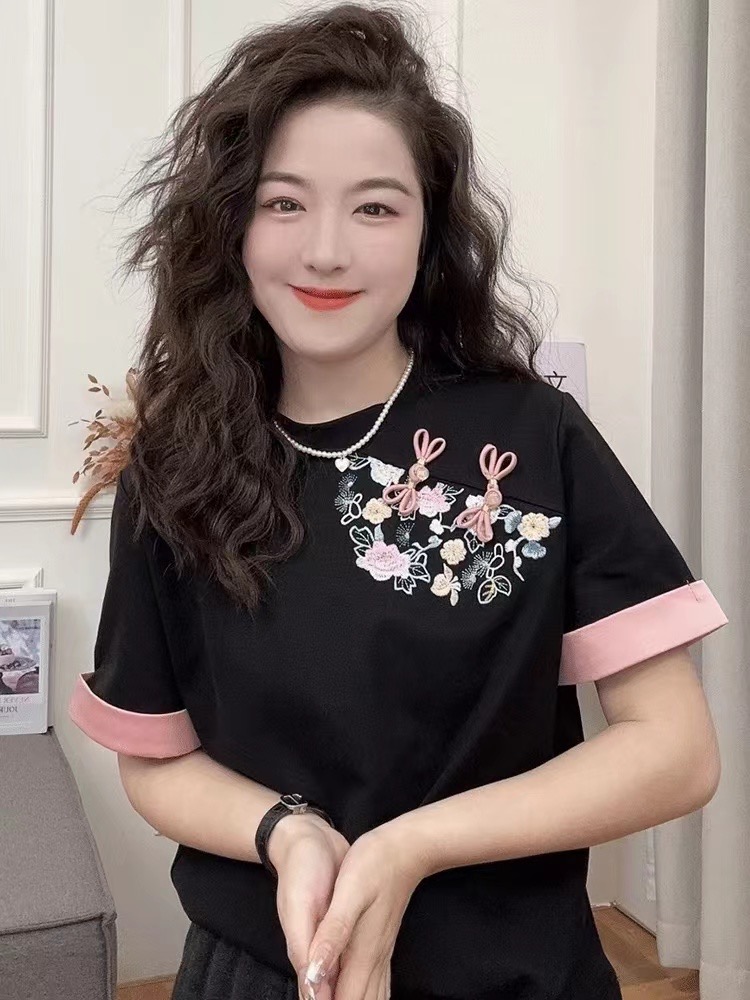 短袖t恤女2024新款夏季寬鬆獨特别致盤扣新中式國風刺繡上衣