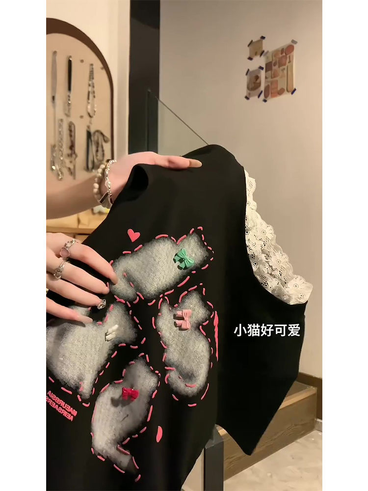棉甜酷辣妹小黑貓綁帶蕾絲領短袖T恤女INS