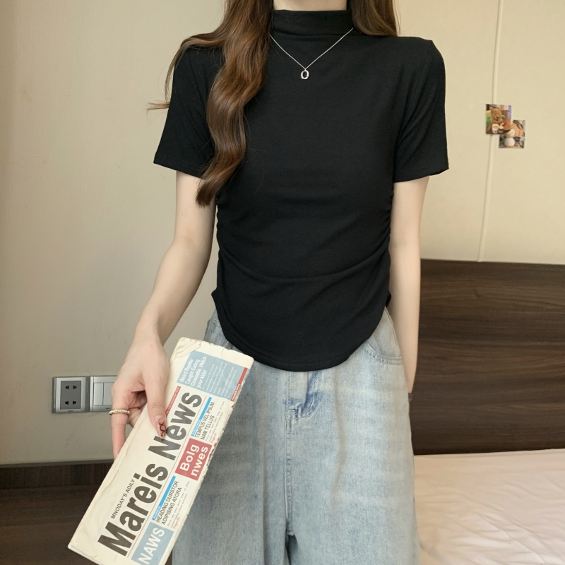 實拍  40支純棉 2024夏裝 半高領弧形短袖T恤女打底衫