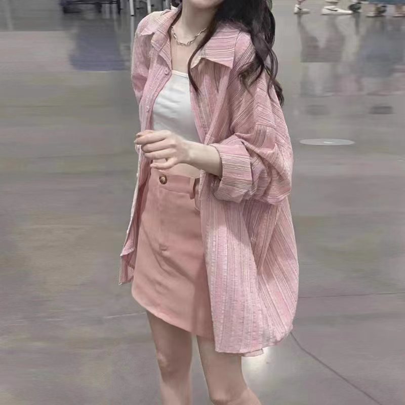 粉色條紋襯衫外套女2024新款早春季襯衣設計感慵懶風開衫上衣