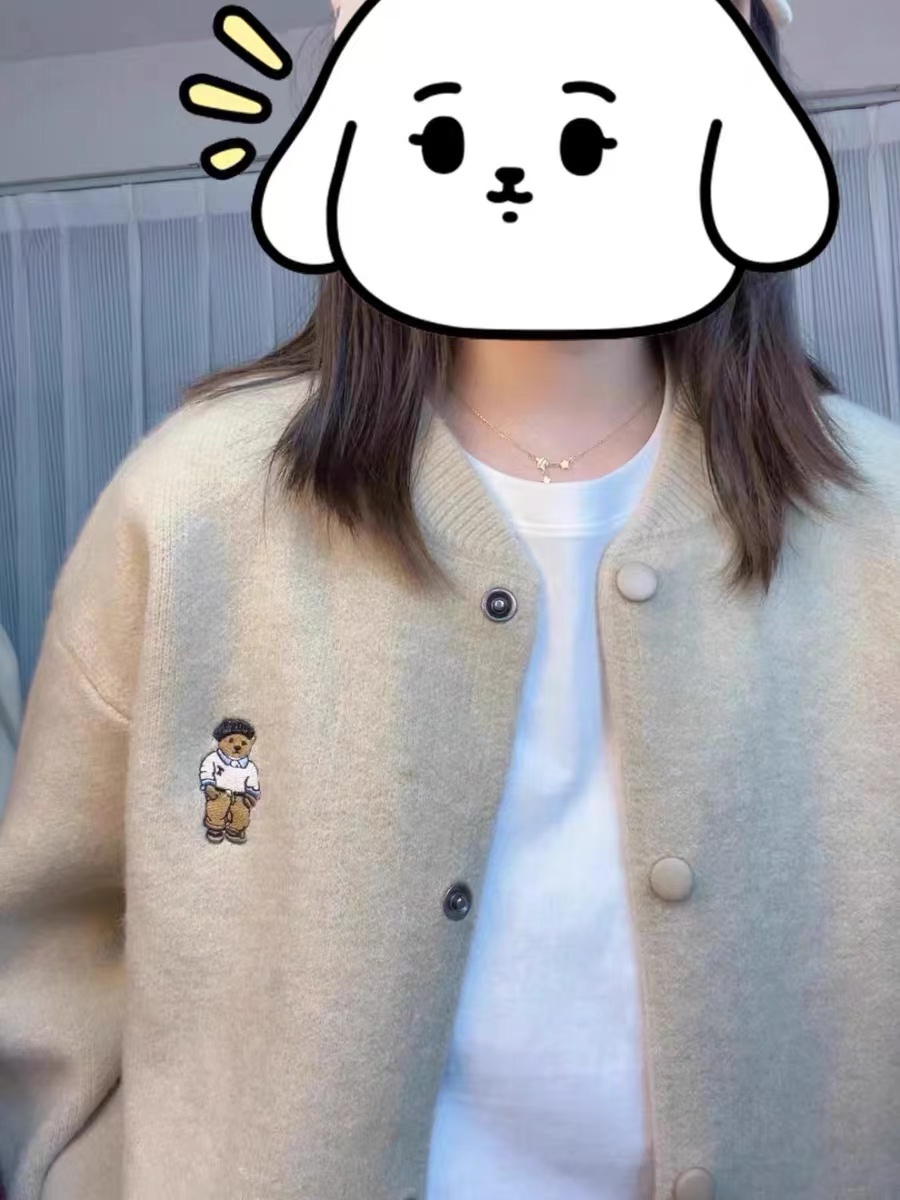 軟糯小熊刺繡毛衣外套女2024新款秋冬圓領外搭針織衫初春開衫上衣