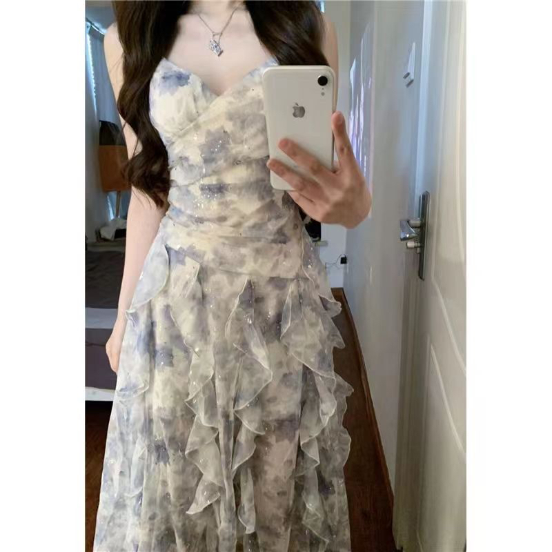 雪紡碎花吊帶連衣裙女夏V領收腰氣質仙女裙性感純欲裙子