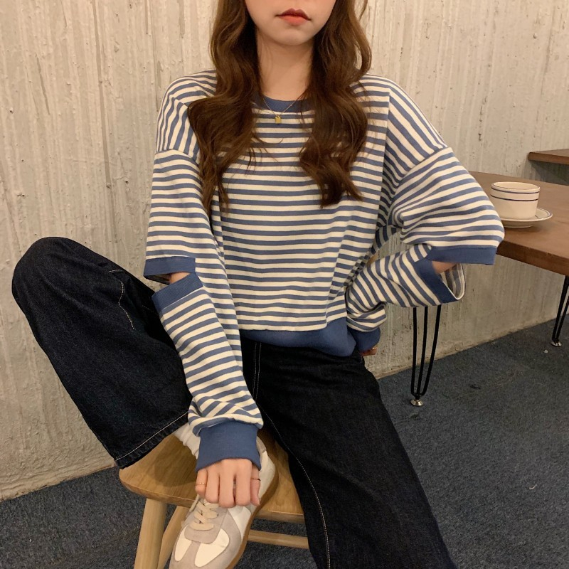 春秋裝2024新款韓版條紋長袖薄款衛衣女裝秋季設計感時尚上衣