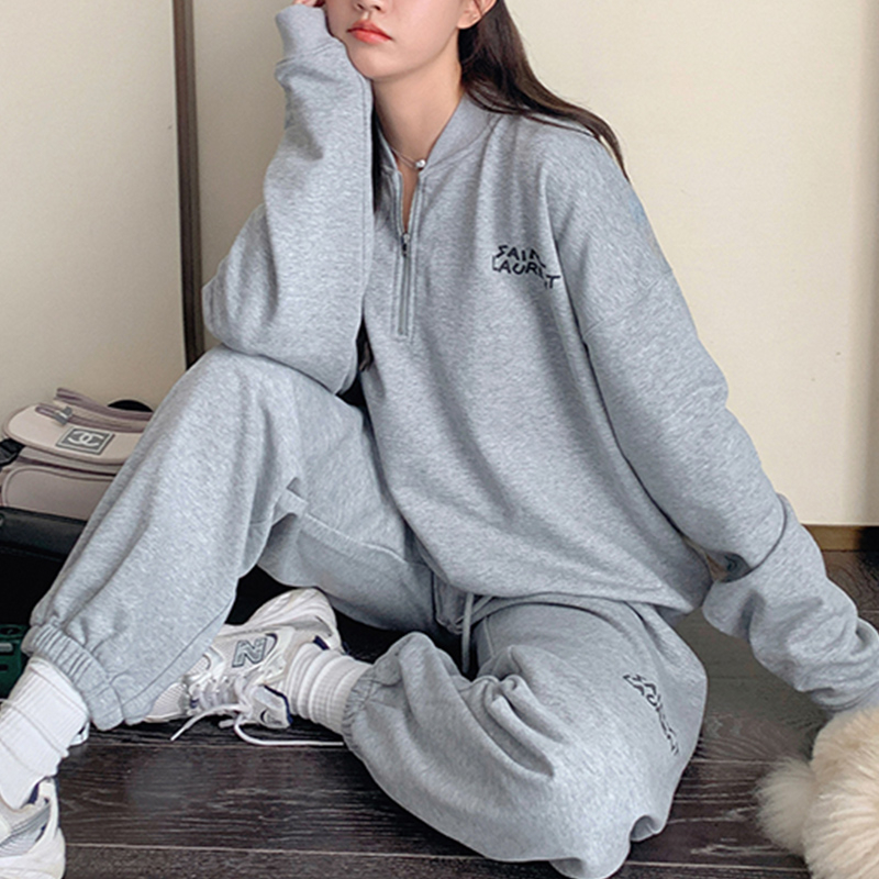 灰色休閒運動衛衣套裝女春秋季新款慵懶風洋氣闊腿薄款兩件套