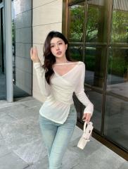 Real shot of thin breathable air-conditioning shirt, medium-length slimming irregular split T-shirt 