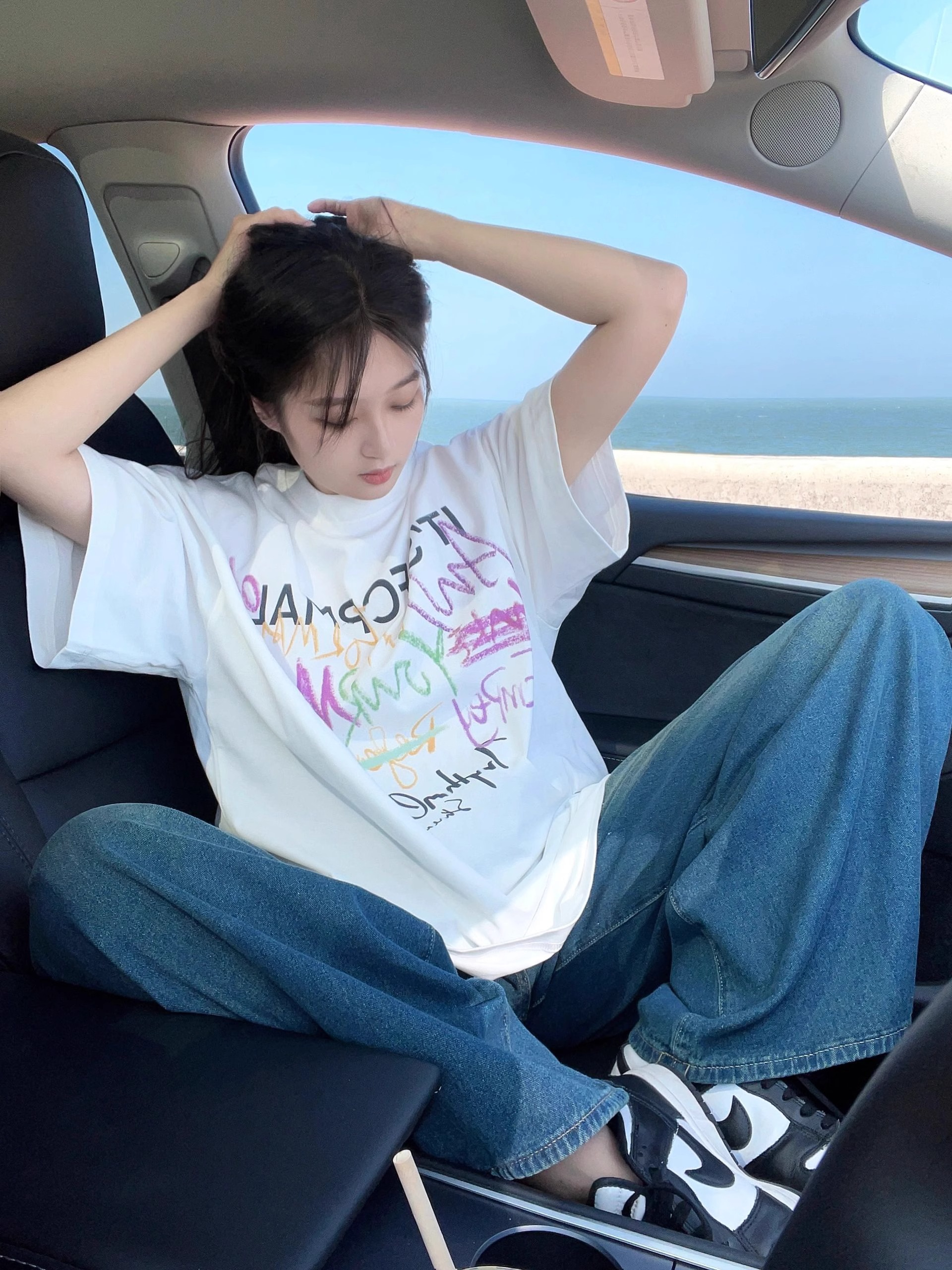 純棉 天貓質量 美式復古慵懶風彩色印花寬鬆百搭T恤