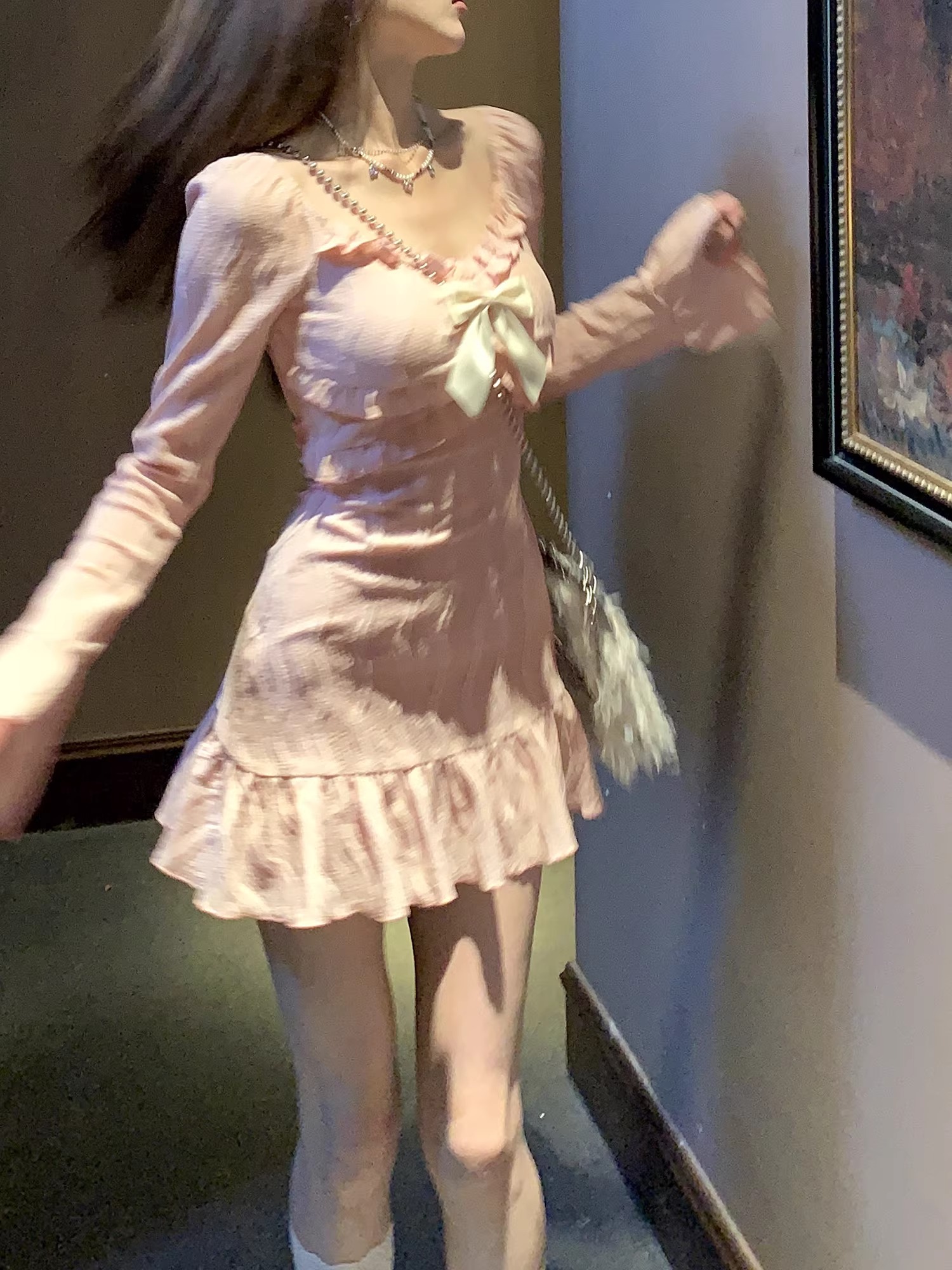 DREAMSEVEN77配蝴蝶結粉色甜美法式氣質仙女長袖包臀短款連衣裙子
