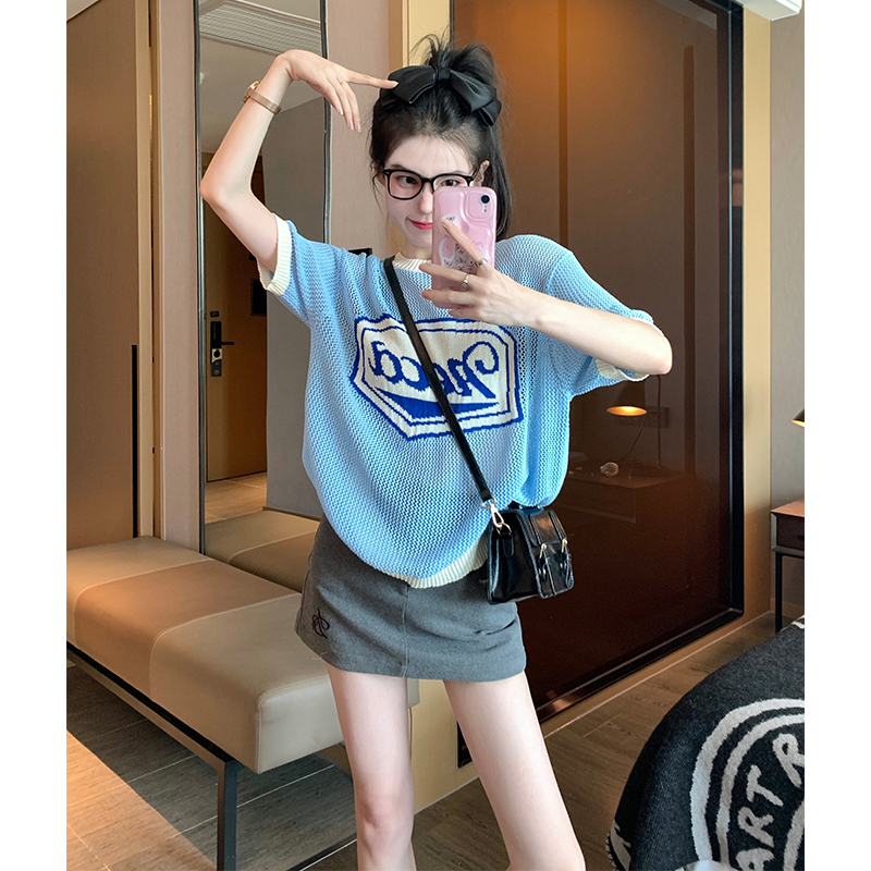 鏤空短袖t恤女2024夏季新款設計感小眾寬鬆百搭休閒半袖正肩上衣