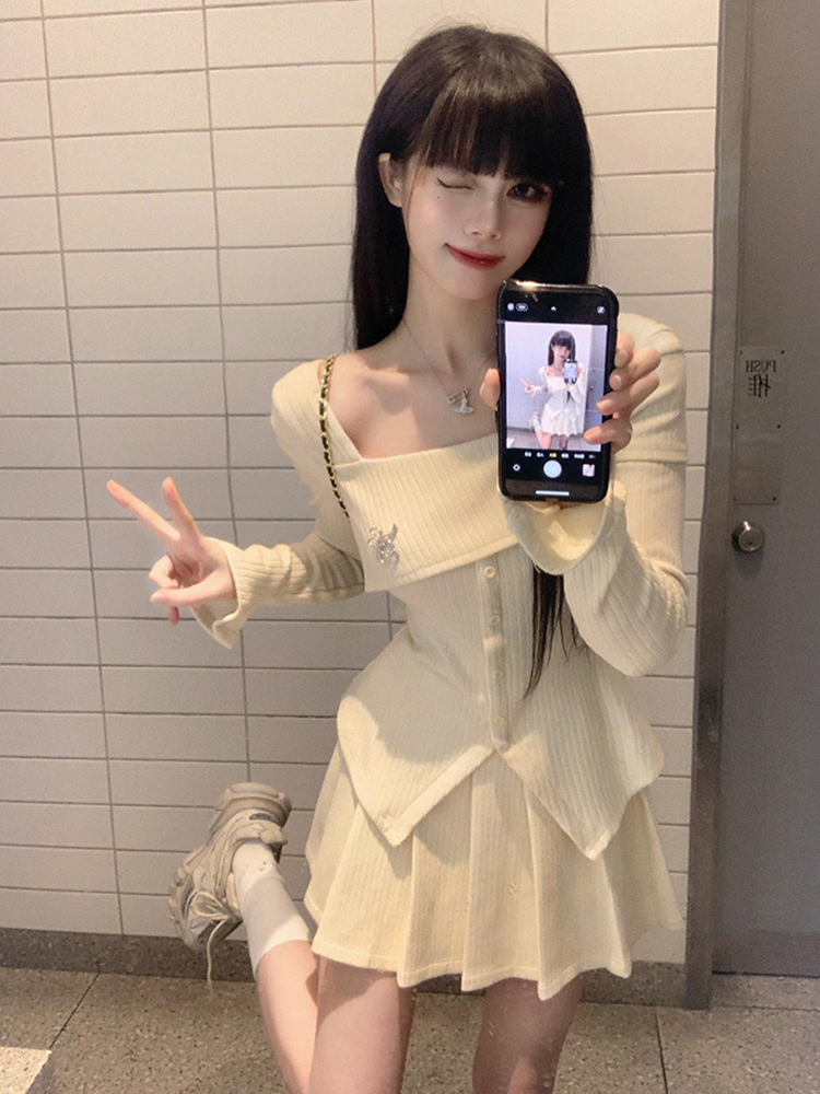 wx報單 溫柔毛織衫女設計感小眾上衣百褶半身短裙子兩件套