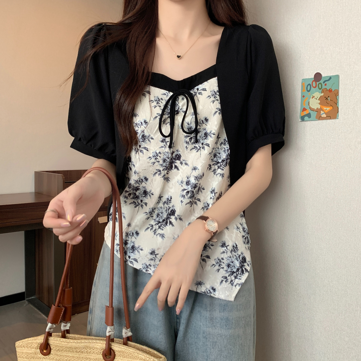 法式碎花拼接短袖襯衫女夏季短袖T恤女顯瘦不規則上衣女