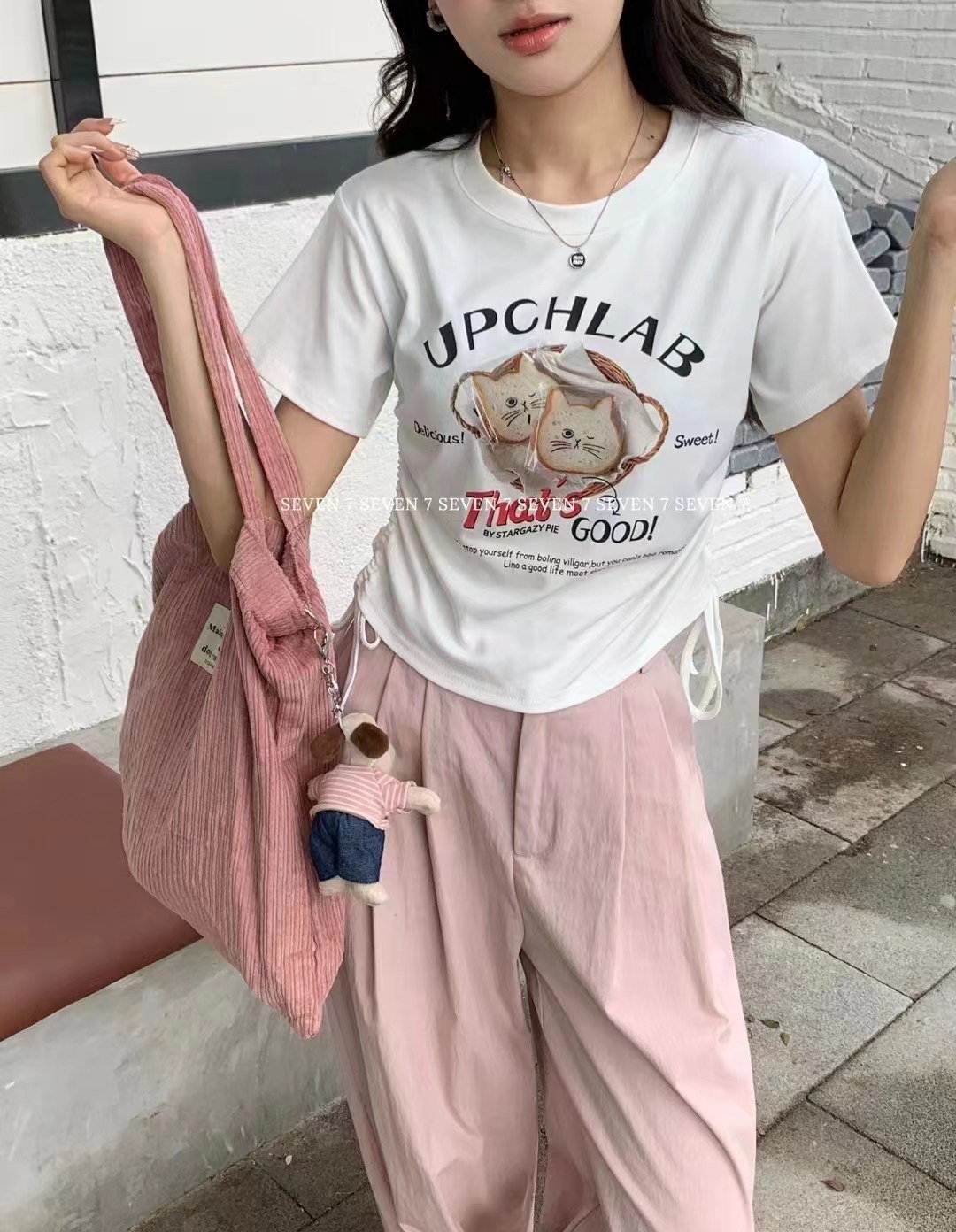 2024春夏新款卡通貓咪印花假兩件雙邊抽繩顯瘦百搭短袖T恤女