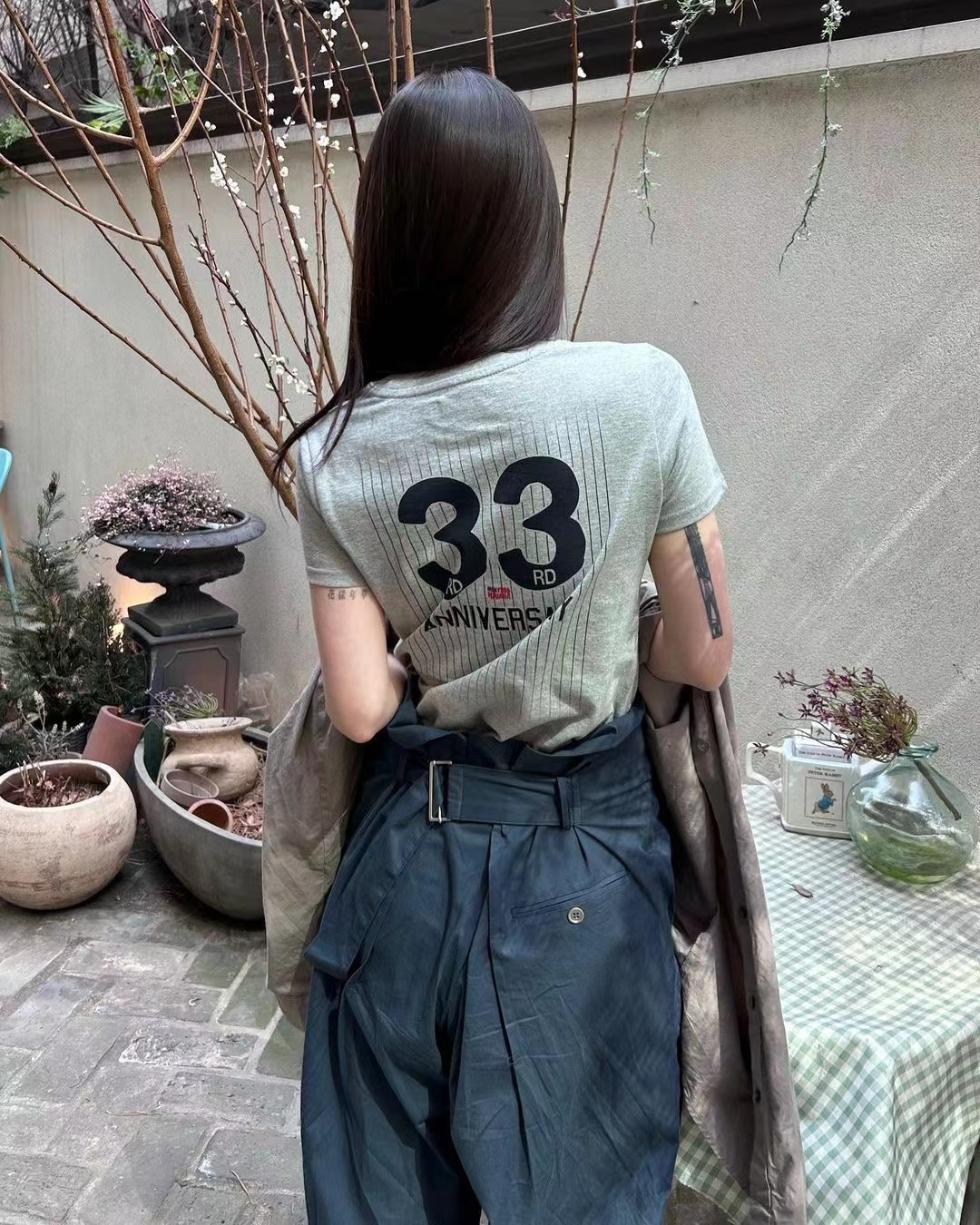 人棉260克官方 韓國小眾夏季新款數字豎條印花修身顯瘦上衣