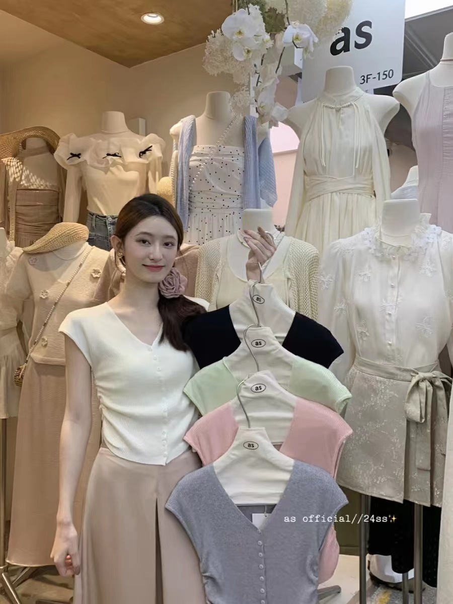 BB家韓系溫柔設計感背心女春季新款v領小飛袖兩側抽褶顯瘦小衫
