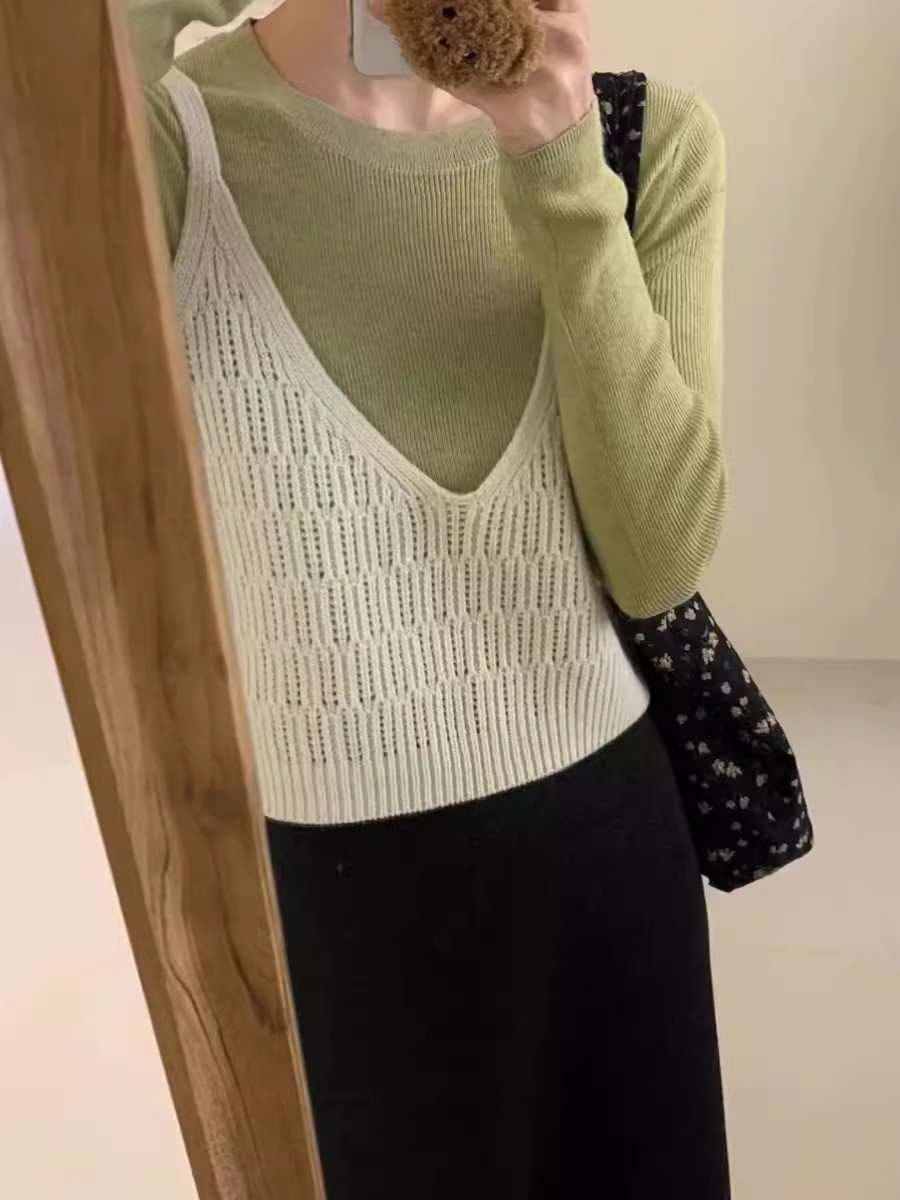小個子甜美套裝紅色針織吊帶背心上衣女早春疊穿毛衣打底衫兩件套